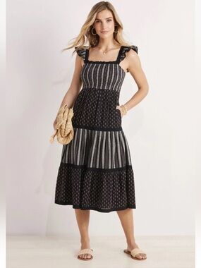 Vineyard Vines Textured Jacquard Smocked Midi Dress Size Small Black & White